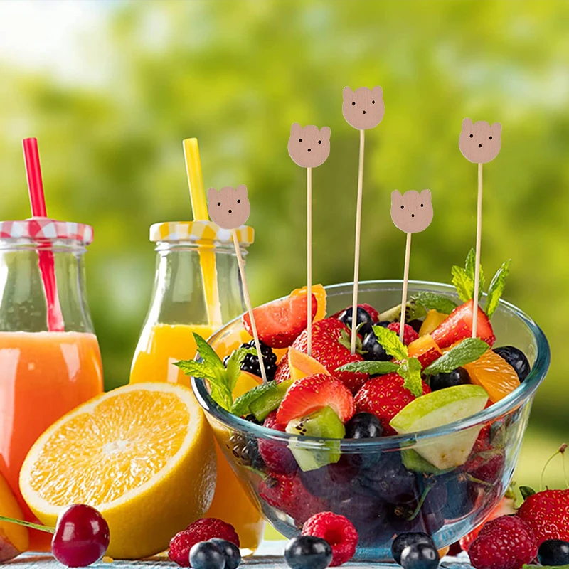 100pcs Fruit Sticks Cute Bear Toothpicks Bamboo Tie Picks Fruit Salad Snack Cupcake Fork Cocktail Decoration Cake Buffet Sticks - Image 2