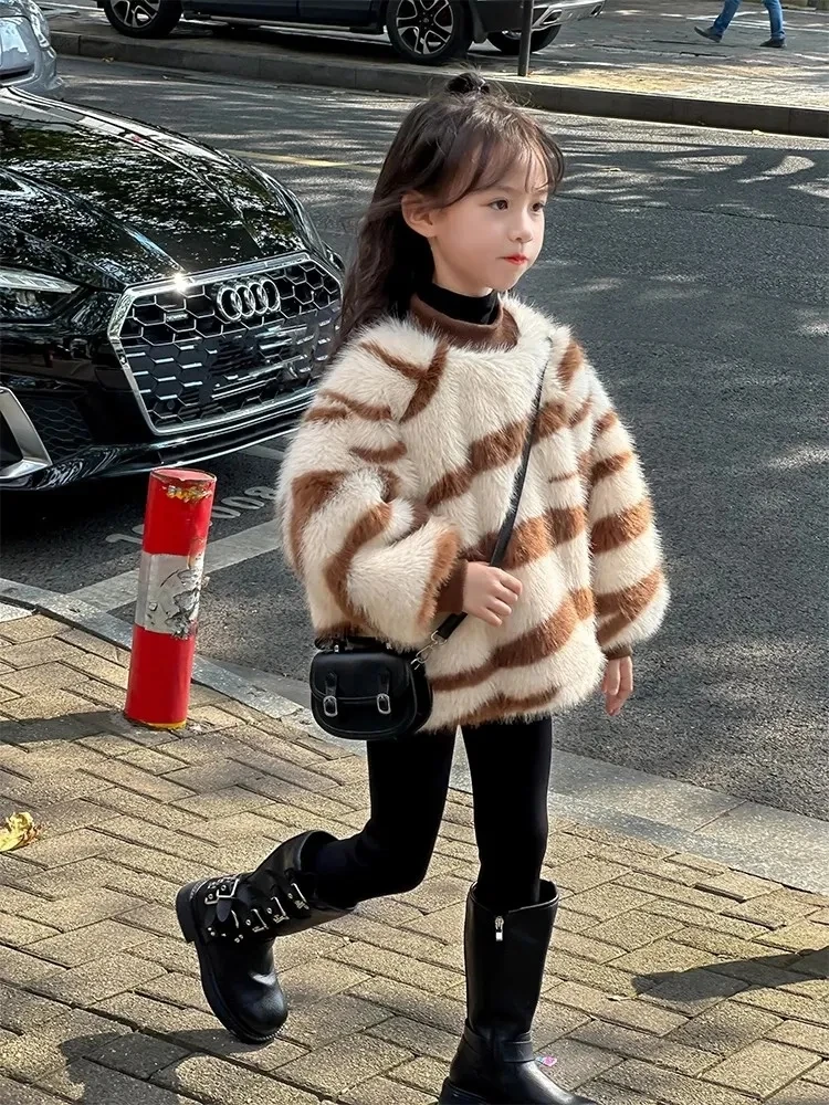 2-12 Years Toddler Kids Velvet Sweaters for Girls Striped Pullover Hoodies Children Fall Outwear Tops Children Casual Sweater 6