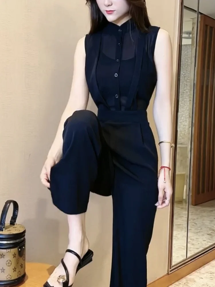 

Ele Bla-Piece Summer Suit for Women High Waist Wide Leg Pants Svel Age Reduction Slimming Faionable