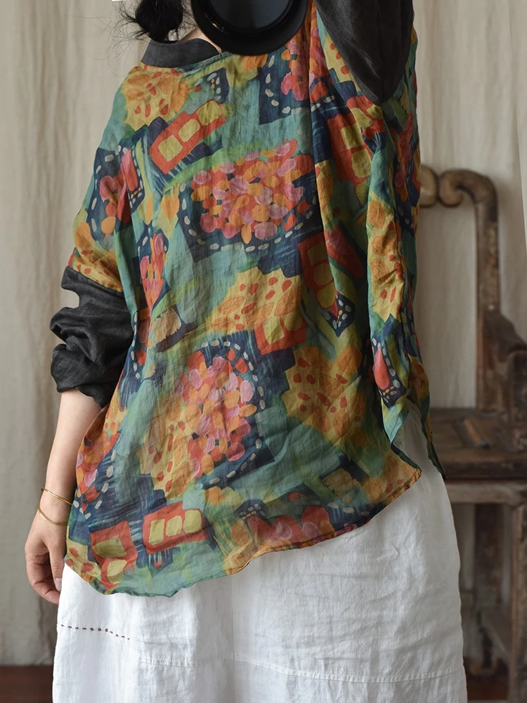 

Original Design Loose Long Sve Stand Collar Autumn Initial Color Colion plus Size Women's Retro Print irt Linen Top