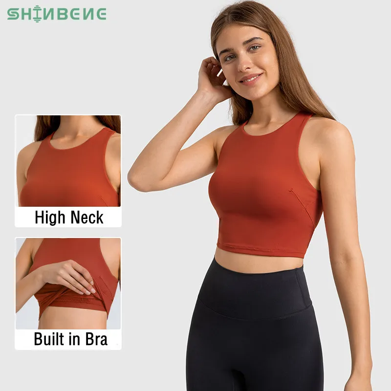 

SHINBENE High Neck Padded Fitness Sports Bras Crop Tops Women Vest Type Wirefree Workout Athletic Gym Tank Top with Built In Bra