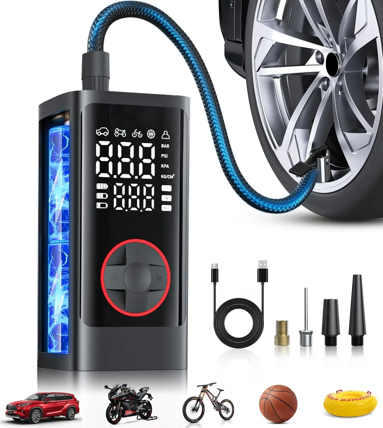 

Portable Tire Inflator 150PSI Cordless Air Pump with Pressure Gauge, Auto Shut Off, LED Light for Car Motorcycle Bicycle