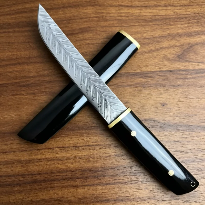 

Japanese Damascus Pattern Fixed Blade Knife with Glossy Black Lacquer Handle & Sheath