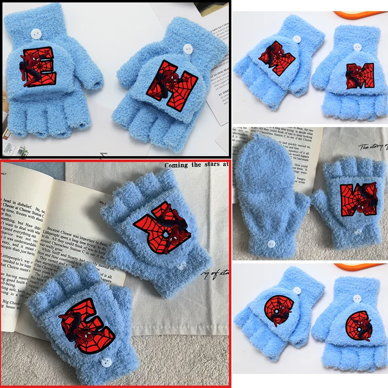 قفازات أنيمي أرقام الرجل العنكبوت 0-9 حرف A-Z بنين بنات نصف اصبع قفازات الوجه شتاء دافئ طالب القفازات هدايا عيد الميلاد