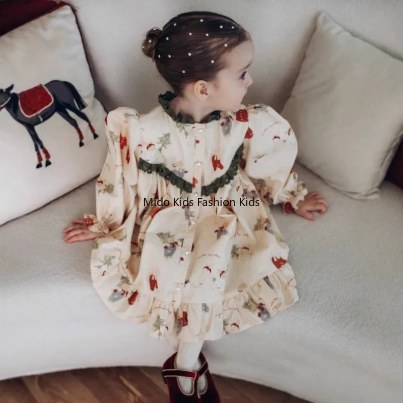 

2025 INS Russian Girl Spring-Autumn Cartoon Print Pearl-Button Cardigan Children's Playful Princess Dress