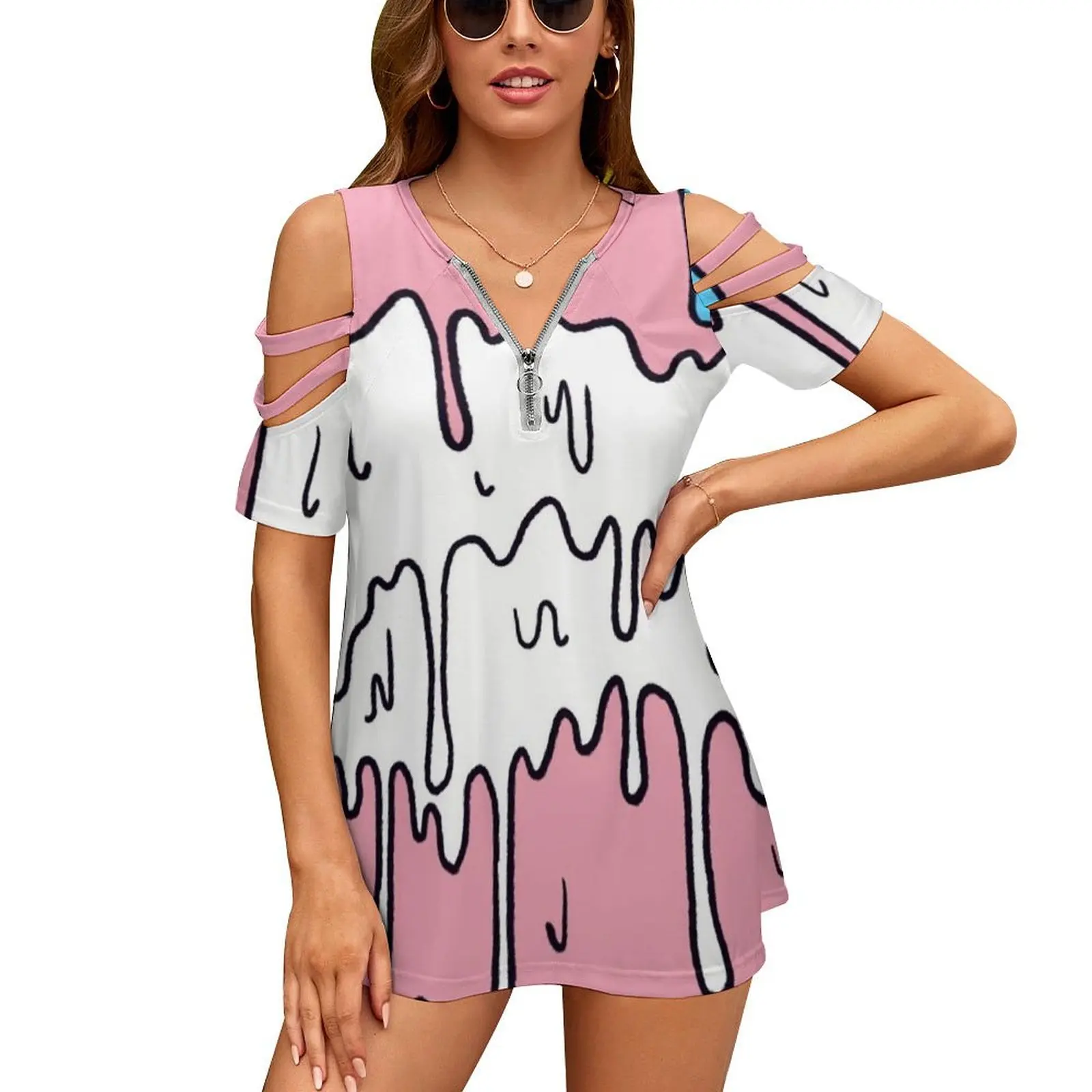 Pastel Kawaii Melting Trans Pride Lgbtq Design Women's T-Shirt New Fashion Printed Zipper V-Neck Short Sleeve T Shirts Casual
