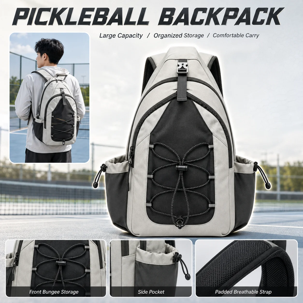 Large Capacity Pickleball Backpack Lightweight Paddle Bag Holds 2 Rackets with Adjustable Straps Hanging Hook for Travel Sports