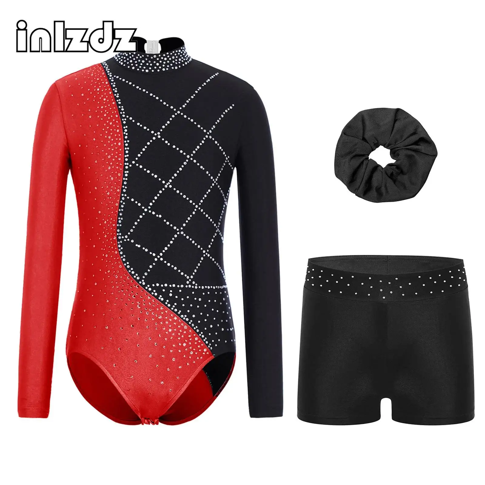 Ballet Leotards for Kids Girls Dance Rhythmic Gymnastics Figure Ice Skating Outfit Shiny Rhinestones Leotard+Shorts+Hairband Set