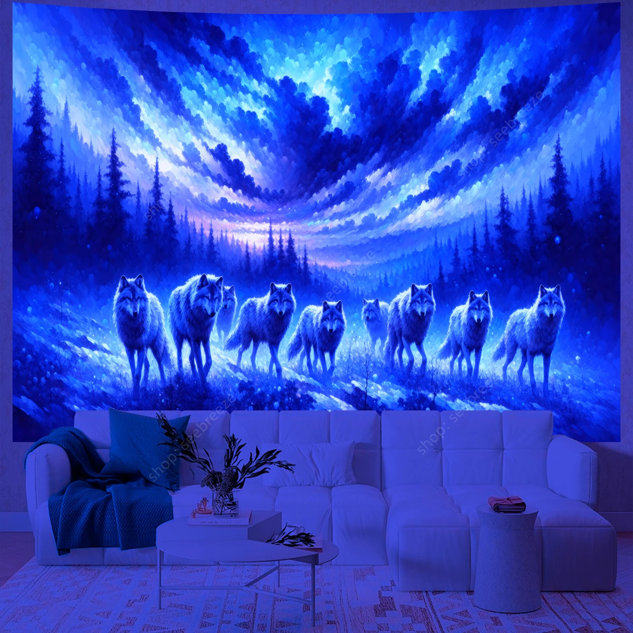 Animal Tapestry Psychedelic Wolf UV Reactive Tapestry Wall Hanging Hippie Room Decor Sofa Blanket Beach Towel Gift for Friend