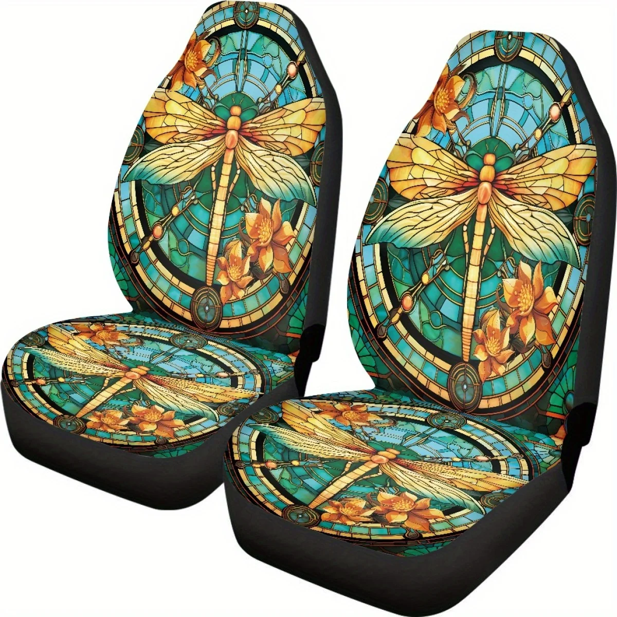2-Pack Dragonfly Print Polyester Car Seat Covers, Universal Fit For Cars, SUVs, Sedans, Trucks, Woven Front Seat Protectors, No