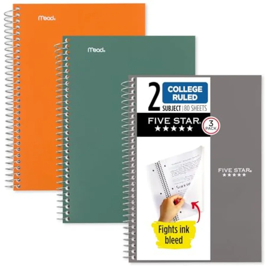 

Spiral Notebooks, 3 Pack, 2 Subject, College Ruled, 9 1/2" x 6", 80 Sheets, Seaglass Green, Sedona Orange, Gray 840029B-ECM