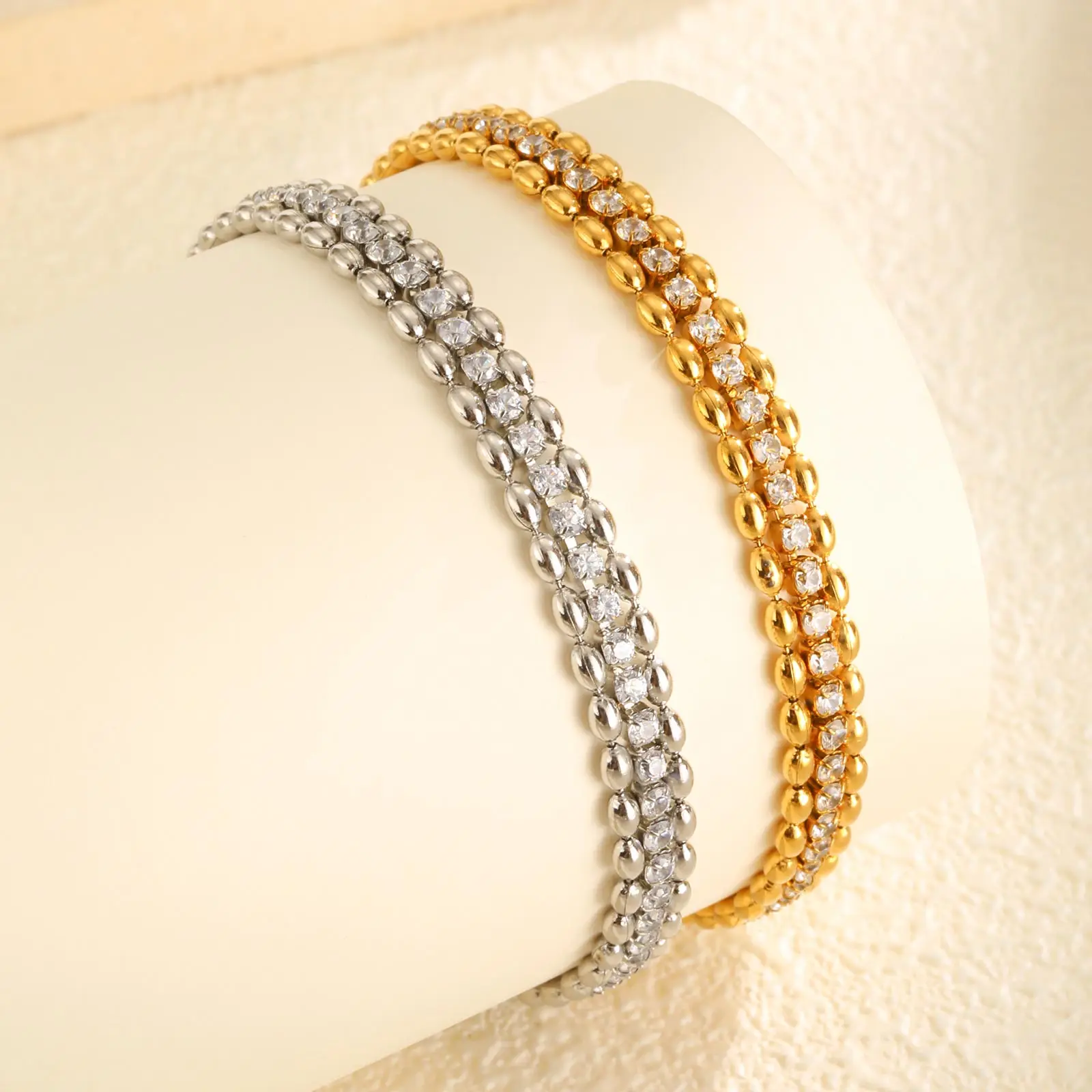 Pulsera de circón blanco con cuentas de olivo de doble hilera de acero inoxidable para mujer, pulseras de cadena de tenis de Color dorado, regalos de joyería clásica