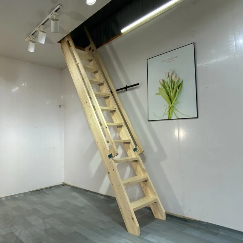 

Wooden Ladder Duplex Attic Staircase Indoor Straight Ladder with Handrail Solid Wood Single Ladder Wooden Vintage