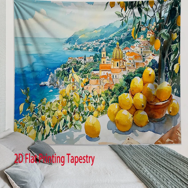 Large Mediterranean Coastal Town Tapestry Lemon Grove Village Wall Art Decor Prints for Rustic Living Room Home Decor
