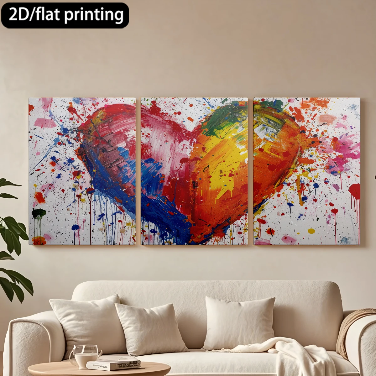 

3pc wooden frame canvas decorative paintingVibrant heart, color-splashed artwork.Corridor bedroom decoration