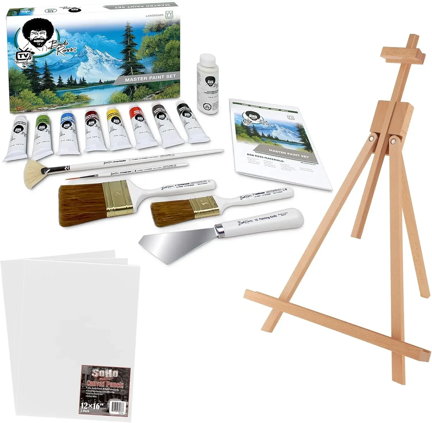 Master Artist Oil Paint Set Bundle with Wood Tabletop Travel Art Easel and Canvas Panels (3pk) - 12x16 (3 Items)