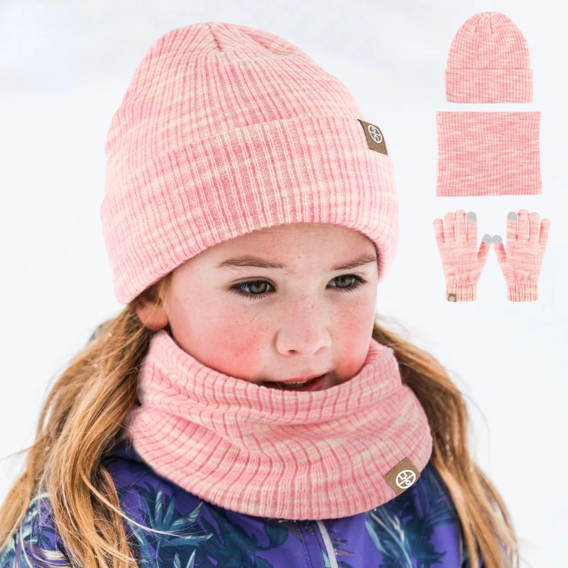 3pcs Winter Children's Knitted Hat Gloves Scarf Set Outdoor Thick Warm Beanies Hats for Kids Fleece Boys Girls Hats Scarf Set