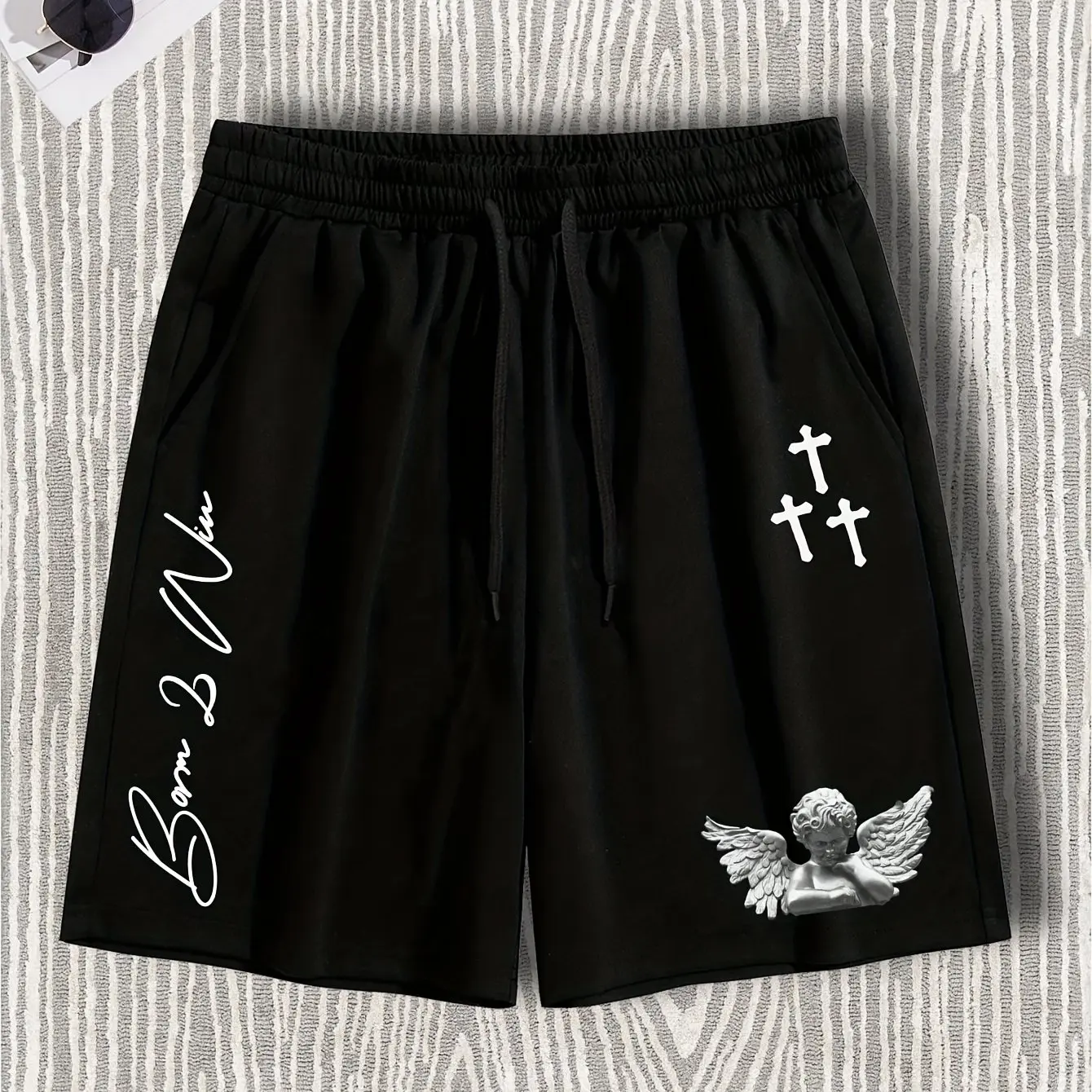 

Мужские шорты с эластичным поясом на шнурке и принтом ангела и букв, подходят для повседневной носки на улице, мужские спортивные шорты для отдыха