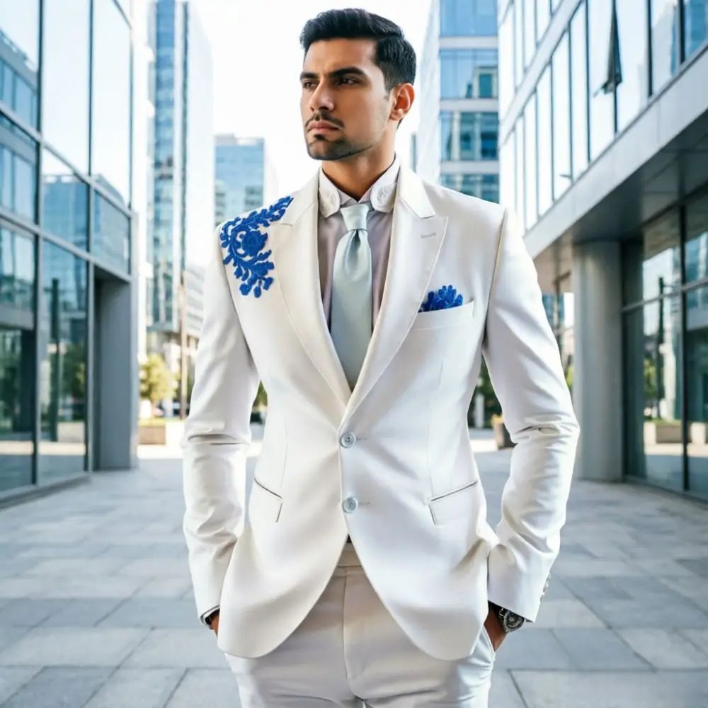 

Mens White 2 Pieces Slim Fit Wedding Tuxedo Peak Lapel Prom Beaded Floral Details Formal Blazer Pants Groom Office Evening Wear
