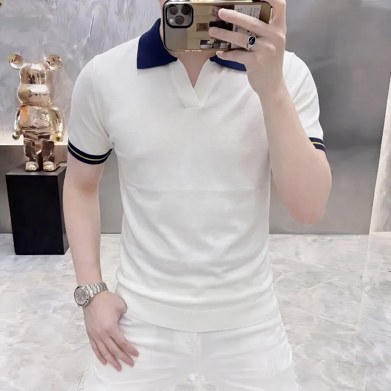 Summer Ice Silk Knitted V-neck T-shirt Men Slim Short Sleeved Breathable Casual Polo Shirts Versatile Social Business T-shirts