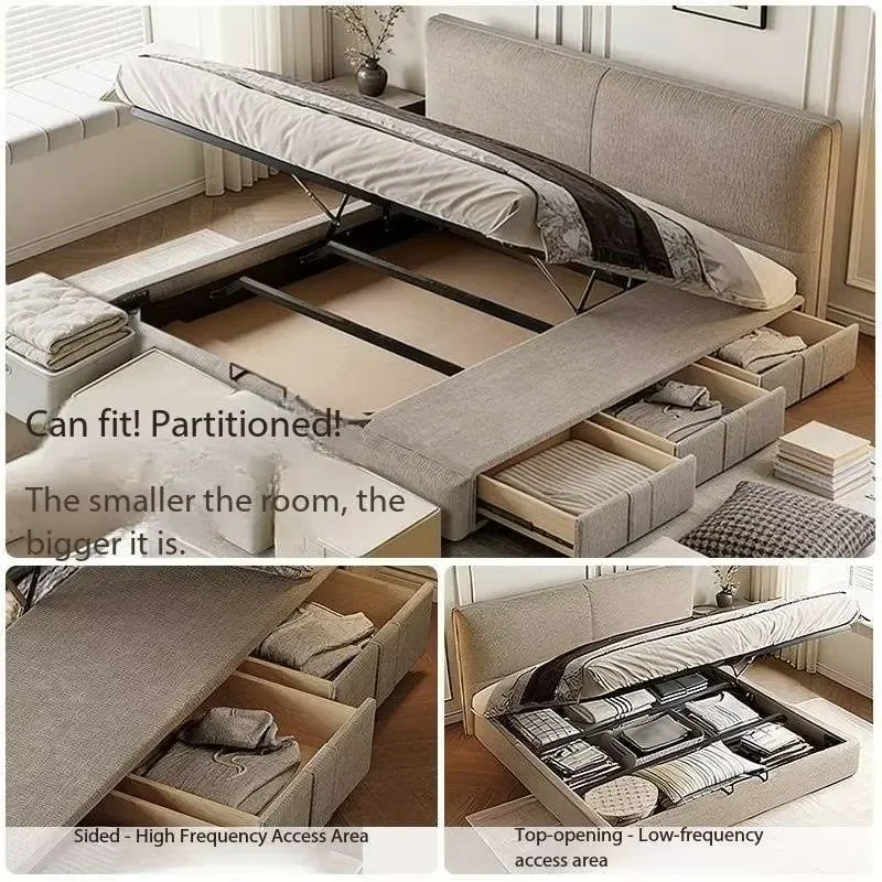 for Modern Minimalist Linen Fabric Storage Bed with Hydraulic Lift Platform and Drawers Queen Double Size Bedroom Furniture - view 4