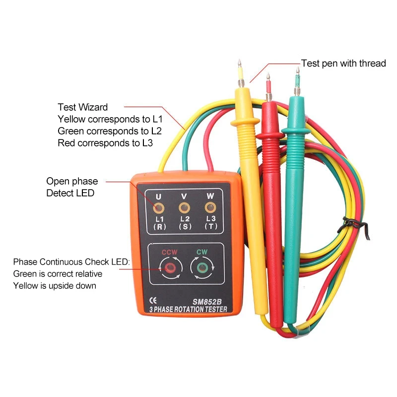 60V~600V AC 3 Phase Rotation Tester Digital Phase Indicator Detector LED Buzzer Phase Sequence Meter Voltage Tester SM852B