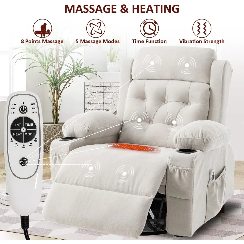 Cadeira reclinável de balanço estofada com massagem e calor, poltrona reclinável giratória ergonômica de meados do século para sala de estar