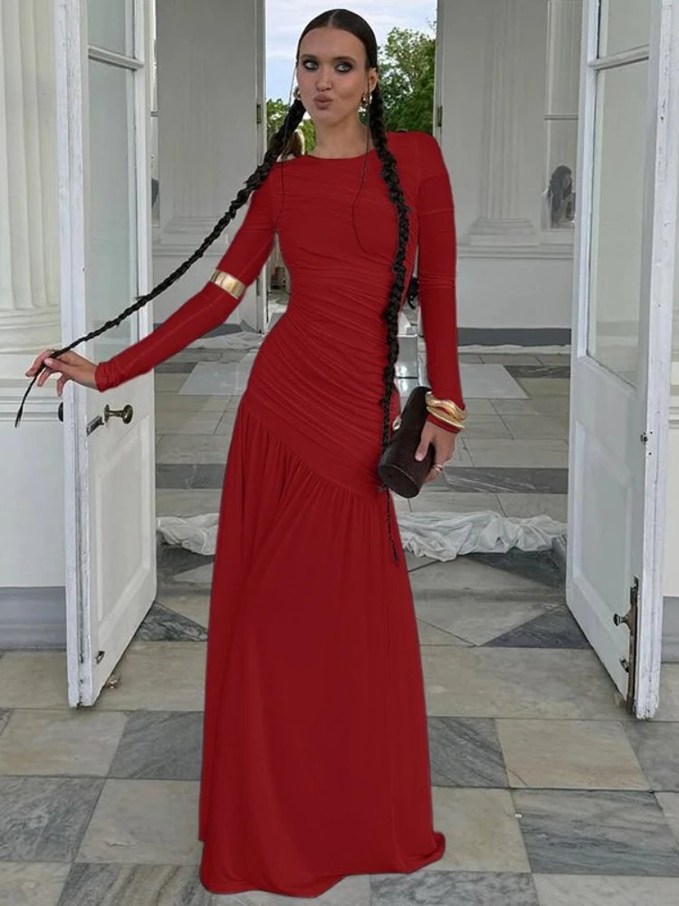 Robe de soirée froncée à manches longues pour femmes, tunique taille haute pliable, longue, robe de soirée de vacances, automne 2025