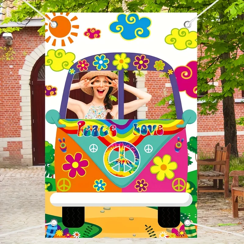 Accesorios para fotomatón de autobús hippie vintage, tela grande, decoraciones para fiestas de los años 60 y 70, pancartas enmarcadas con furgoneta selfie vintage