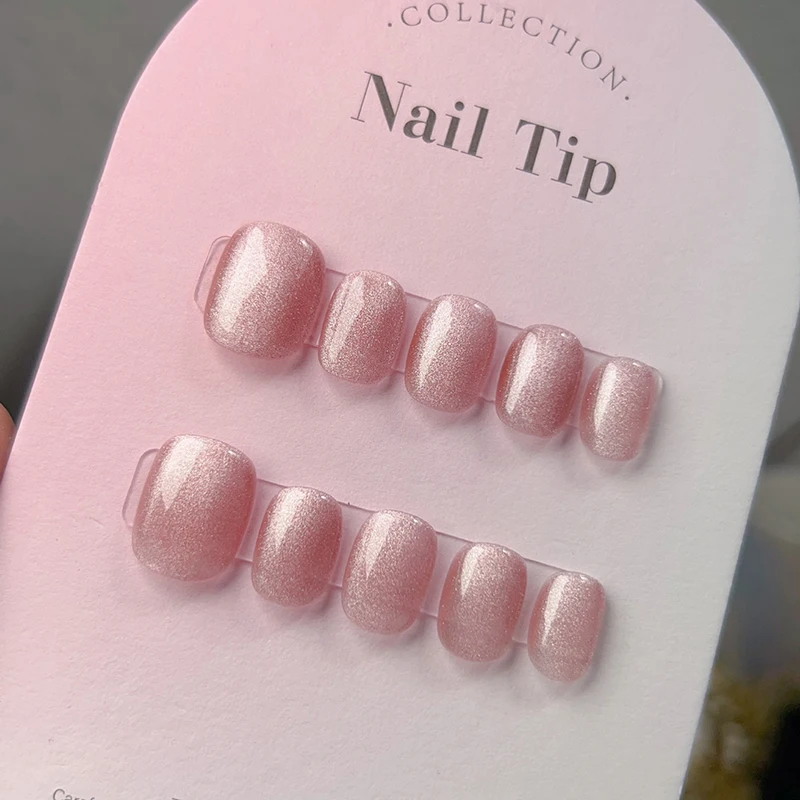 10Pcs Pink Cat's Eye Handmade Nails Nude Pink Crystal Cat's Eye Whitening Nail Polish Patch for Women&Girl Wearable Nail Art