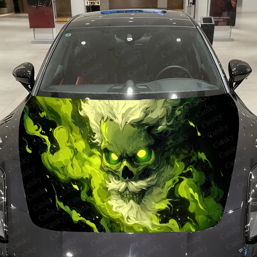 Dark Green Flame White-Bearded Warlock Car Vinyl Wrap, PVC Material Waterproof Car Hood Sticker, Self-Adhesive Scratch-Resistant