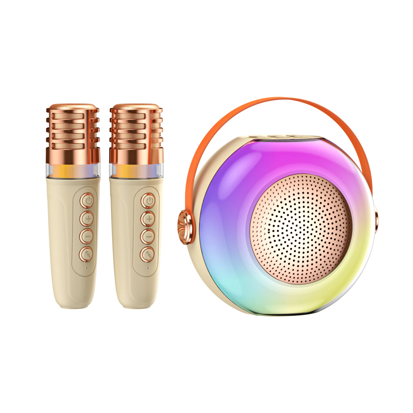 2つのワイヤレスマイク,Bluetoothマイク,KTVスピーカーセット,RGBライトエフェクト,音声制御システムを備えたカラオケマシン