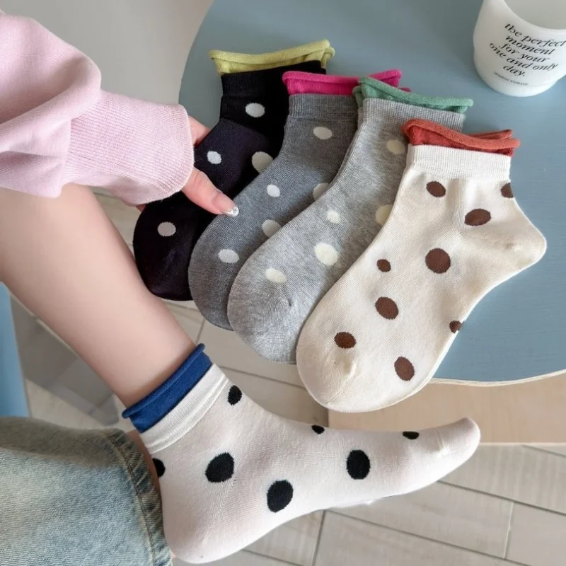 1/5 pares de calcetines tobilleros con lunares para mujer, calcetines finos de doble canalé con contraste de color, calcetines informales para primavera y verano, EU 35-41 US 5-10