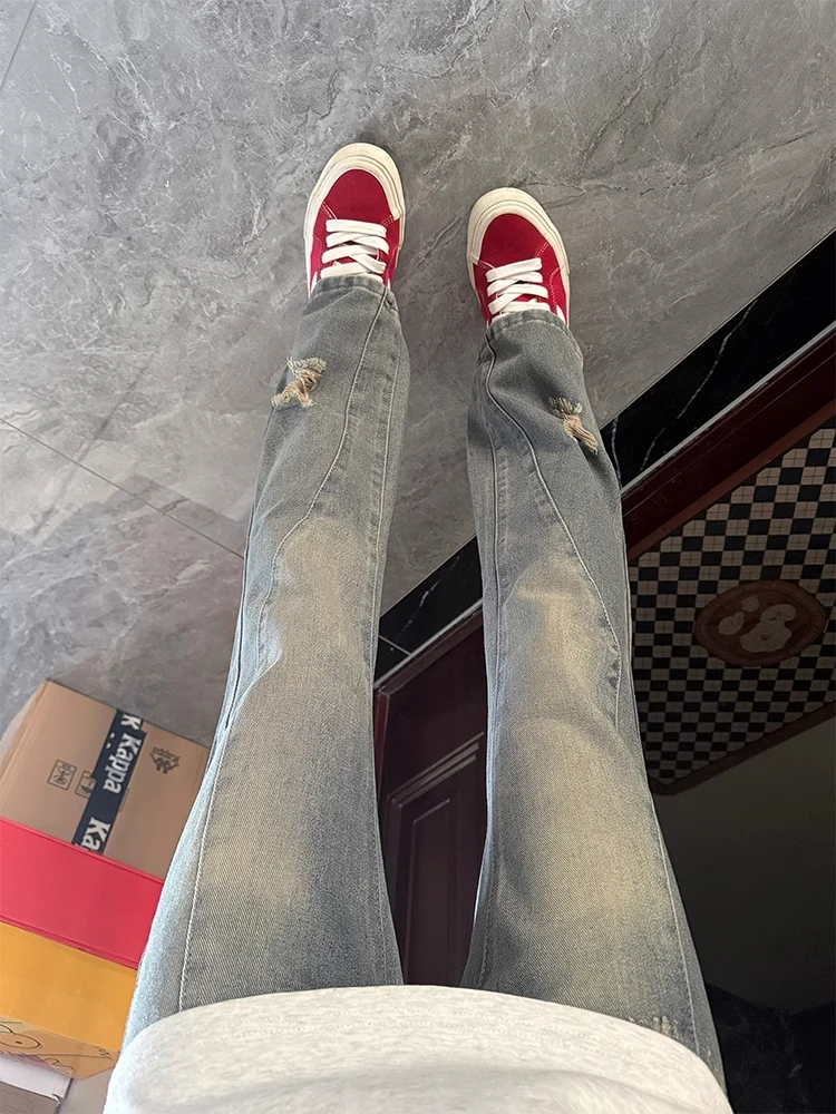 

American High Street Men's Ripped Denim Jeans Waed out Patchwork Wide Leg Straight Tube Trousers Youth Faion Wear