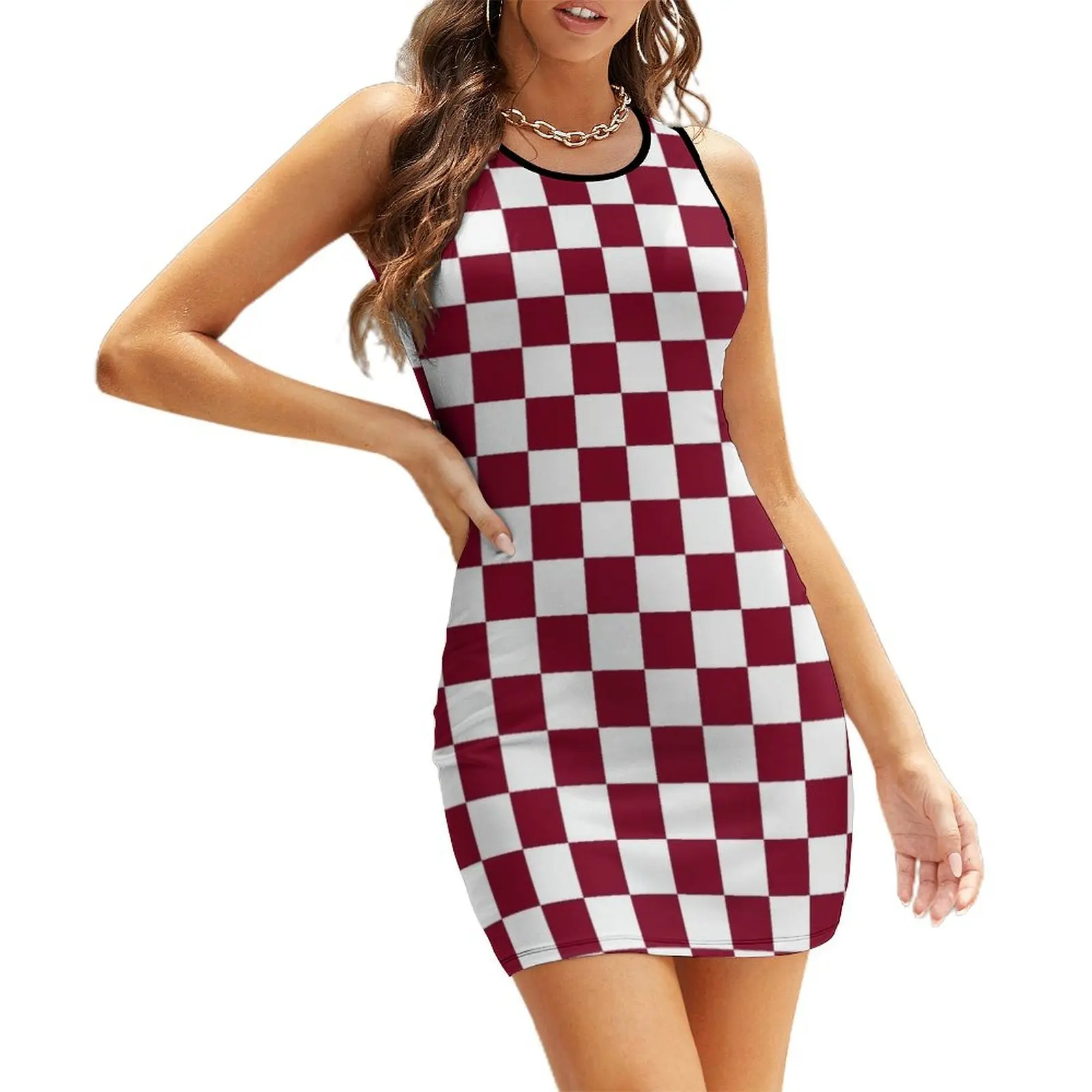 

Small Checkered - White and Burgundy Red Sleeveless Dress women's evening dress 2024 Women's summer skirt