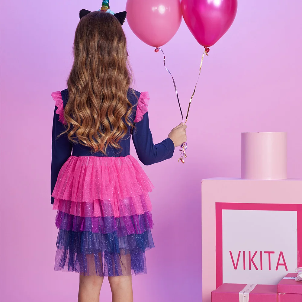 VIKITA Girls Flare Sleeve Autumn Dress Kids Licorne Sequined Appliqued Birthday Party Prom Gown Girls Princess Tutu Dresses