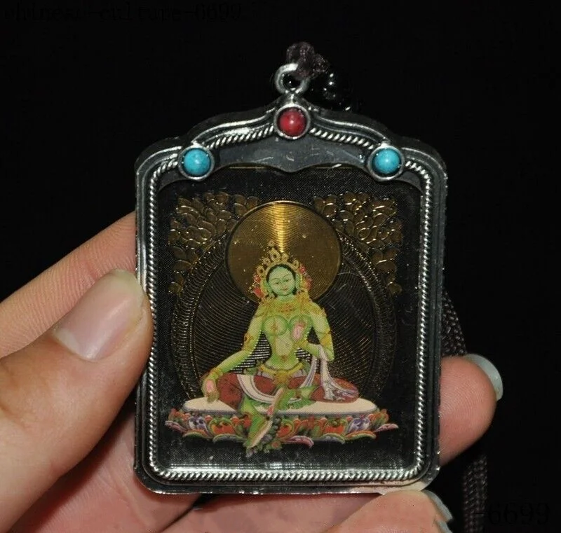 

Tibet Buddhism temple Tibetan silver Green Tara Guanyin goddess amulet PendantStatue