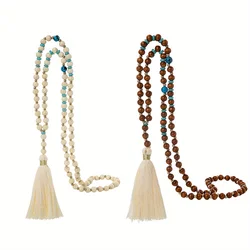 Fashionable retro long wooden bead mixed with turquoise beaded tassel Y-shaped women's necklace for daily wear