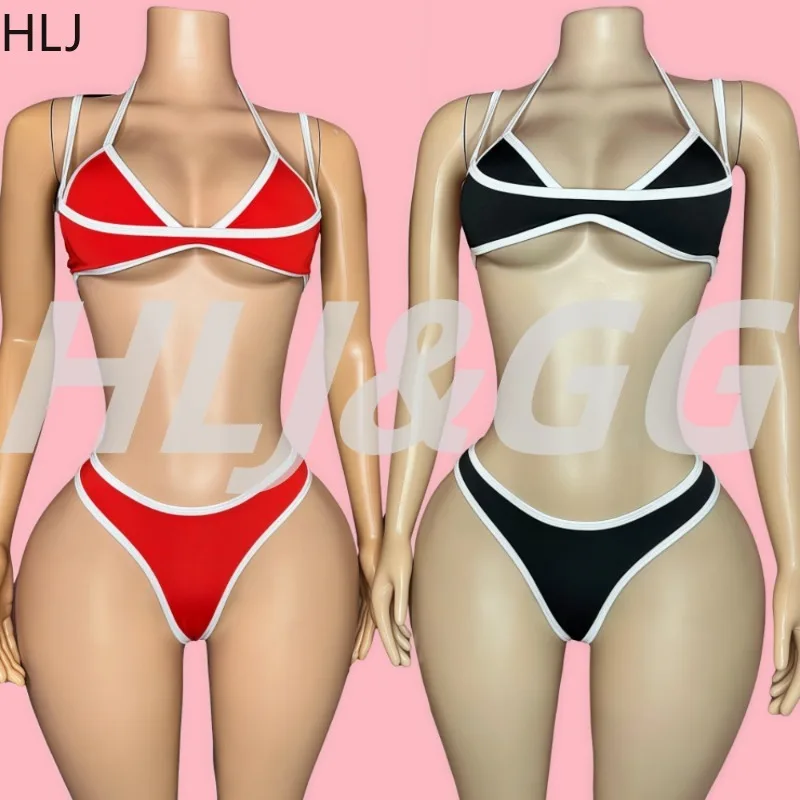 

HLJ&GG Summer Sexy 2 Piece Set Women Swimsuit Color Block Spaghetti Strap Halter Bra Tops + Shorts Matching Female Streetwear