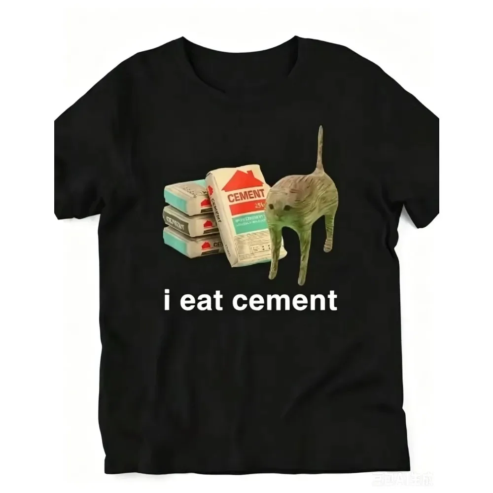 Weird I Eat Cement Cat Cement Bags Meme Print Men T Shirt Funny Internet Viral Graphic Loose Casual Summer Short Sleeve Tee