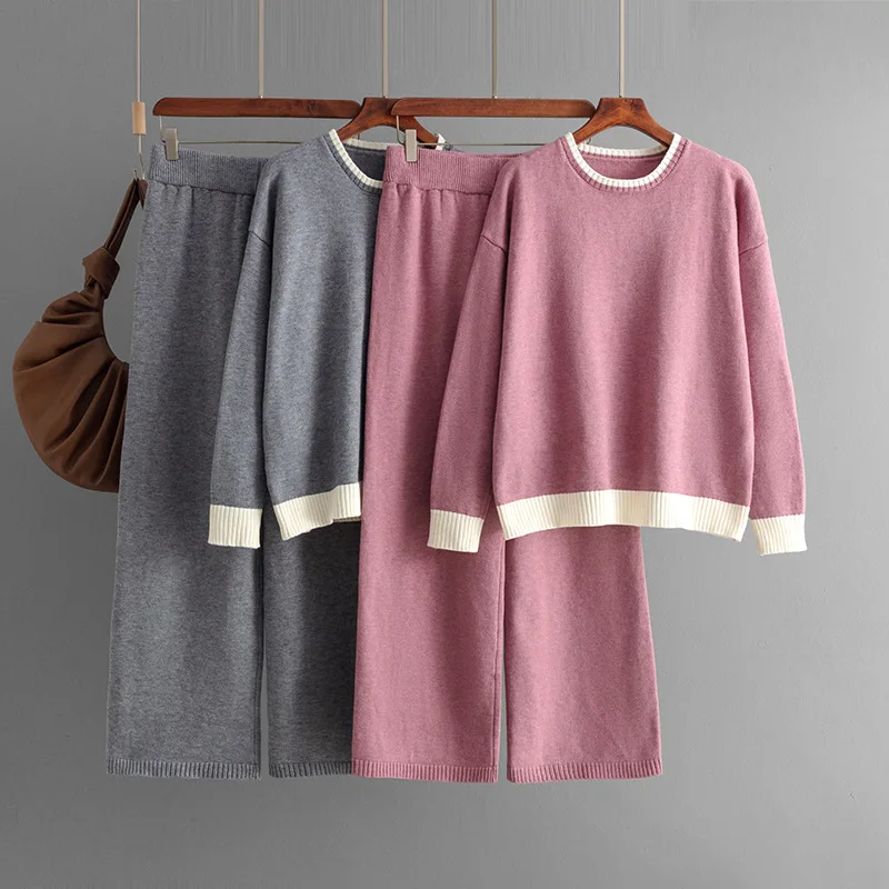 

Women Casual Loose Contrast-Color Pant Sets Long Sleeve Hoodies Wide Leg Pants 2pcs Outfits Spring Loungewear Terry Suits B823