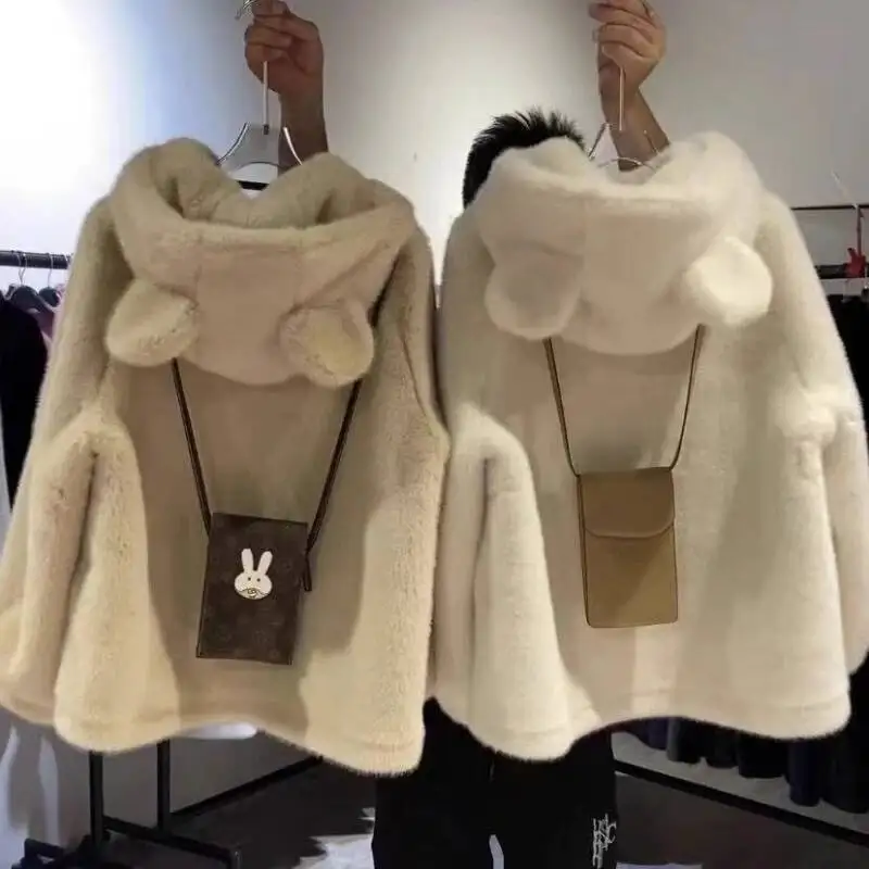 

New Autumn Winter Cute Ear Large White Bear Solid Color Eco-Friendly Fuzzy Mid-Length Hooded Coat
