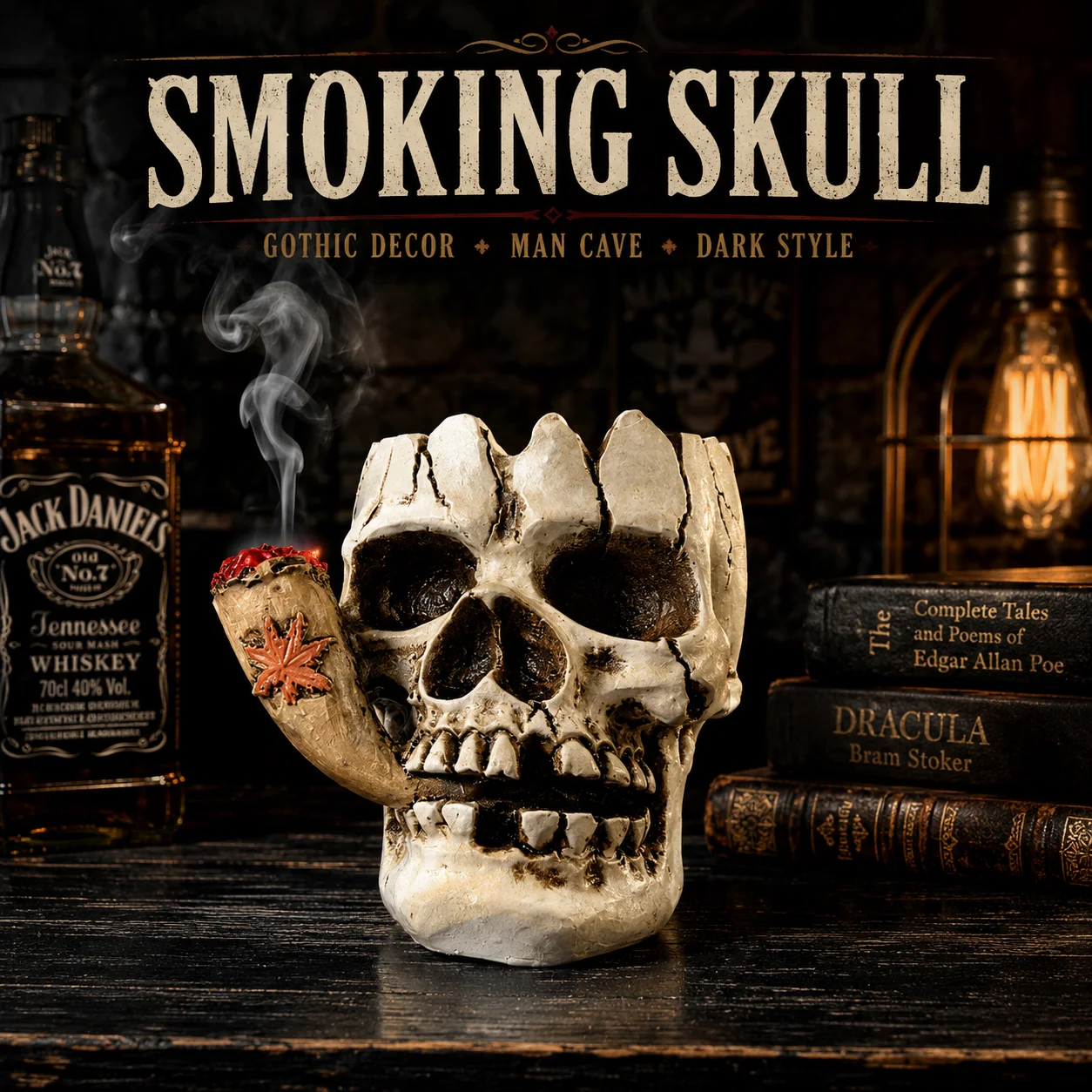 Smoking Skull Figurine Resin Statue Gothic Halloween Decor Spooky Skeleton Head Home Desk Ornament Party Decoration Gift