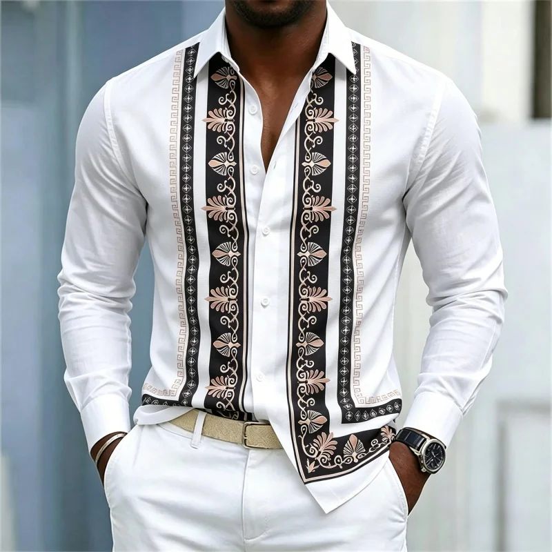 

2026 new men's shirt with vertical floral print long sleeved shirt, daily versatile white collar shirt, slimming casual top