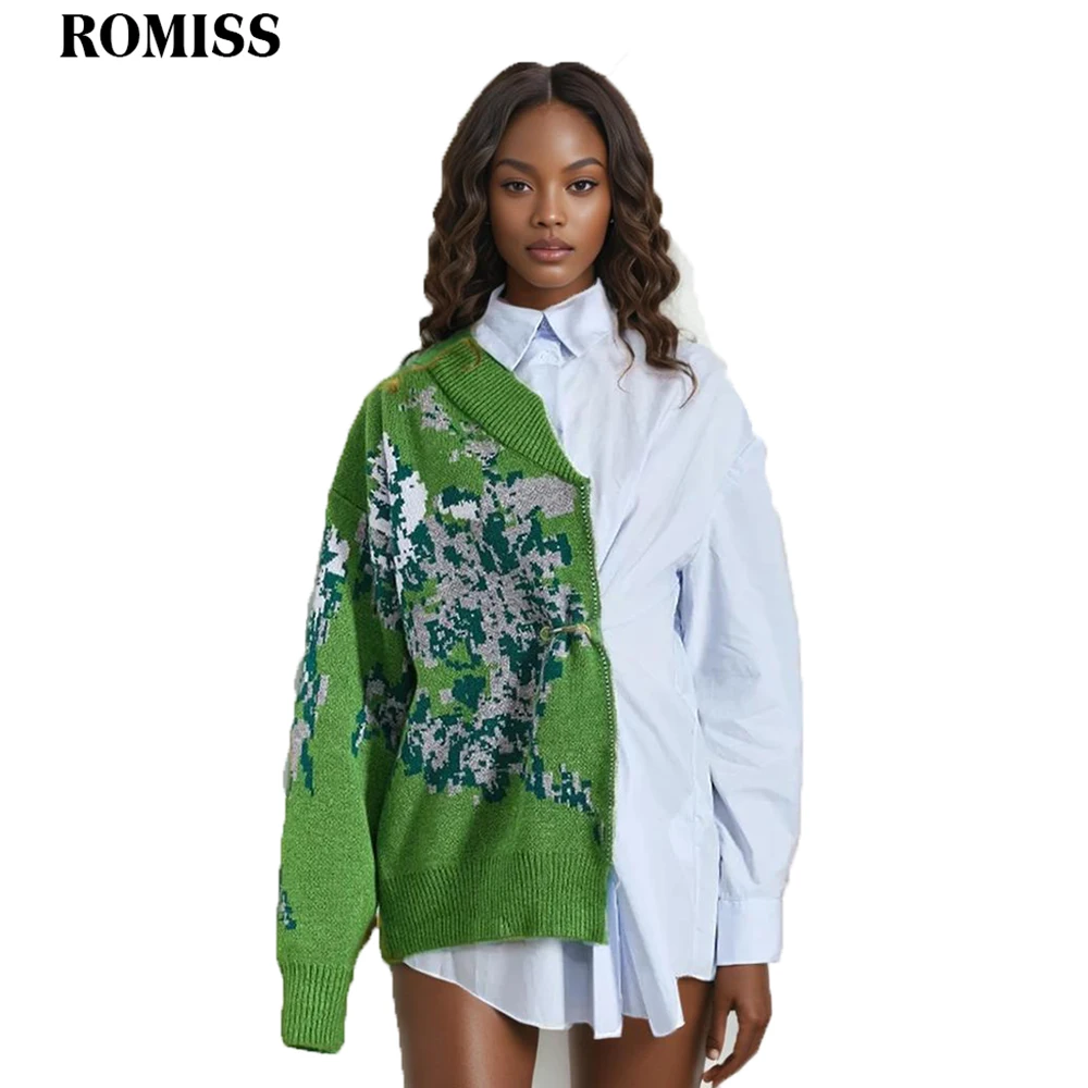 

ROMISS Asymmetrical Printing Colorblock Shirts For Women Lapel Long Sleeve Patchwork Knitting Autumn Casual Chic Blouse Female