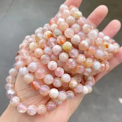 Natural Chalcedony Green Pink Sakura Cherry Blossom Agate Beaded Bracelets Women Fashion Crystal Healing Energy Strand Yoga Gift