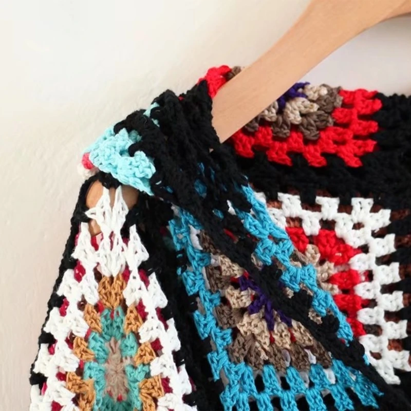 Bohemian Tassels Tie Front Hoodie Cardigan Hollowed Crochet Knit Colorful Long Sleeve Outwear Jackets Beach Coverup Coat