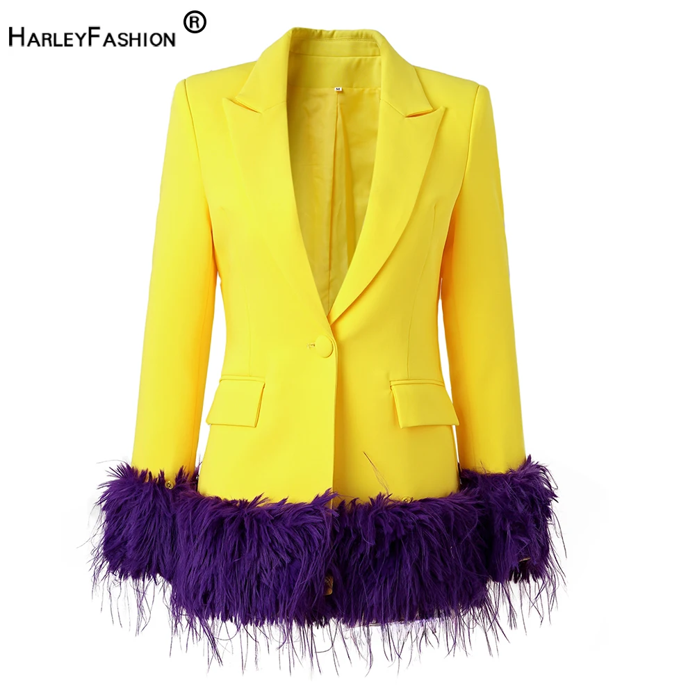 

Fall Winter New Design Faux Fur-trim Patchowrk Lemon Yellow Fashion Women Party Jakcets Outstadning Long Blazers