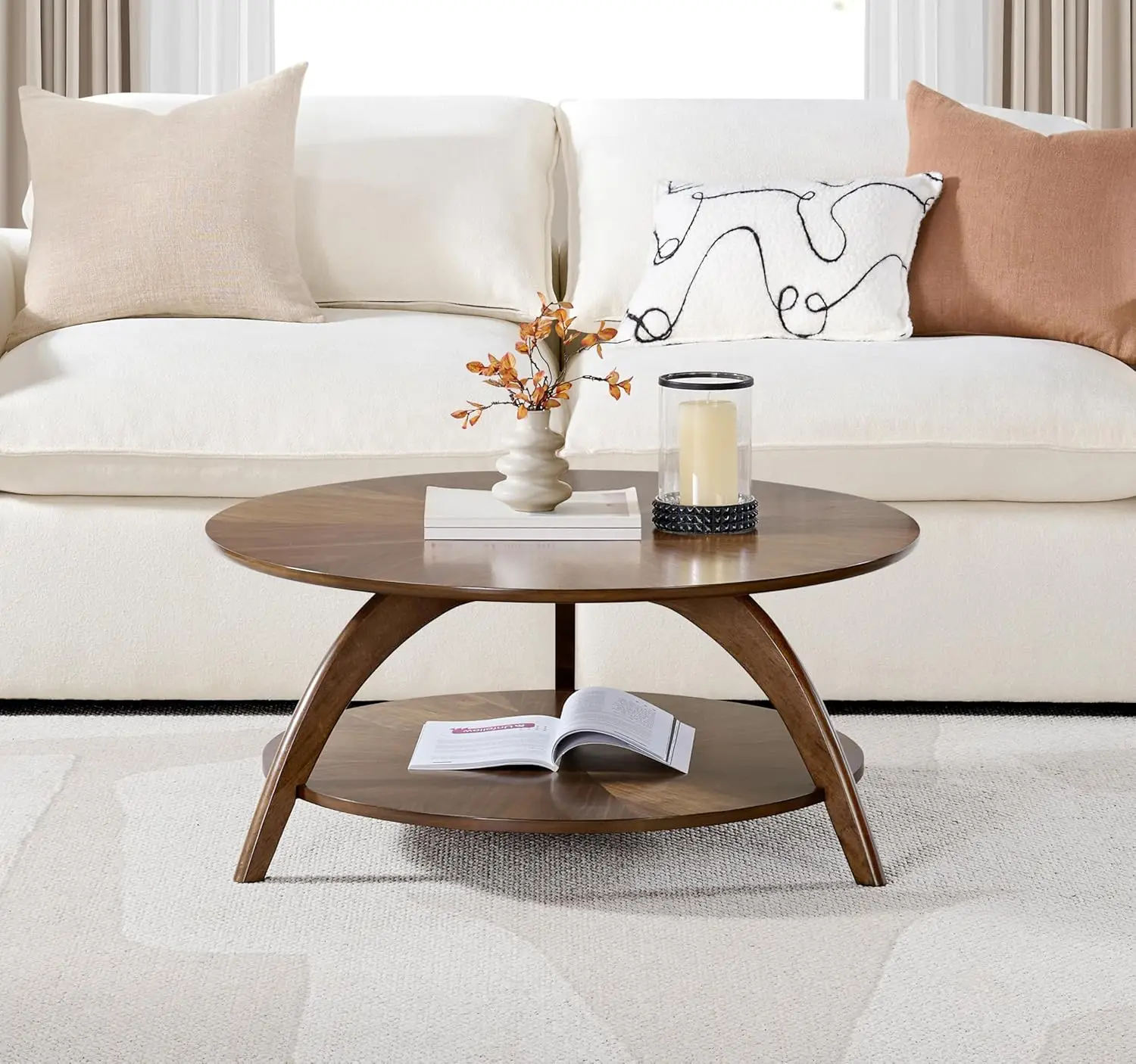 

Mid-Century Modern Round Wood Coffee Table with Lower Shelf Living Room Den Walnut Brown Customized