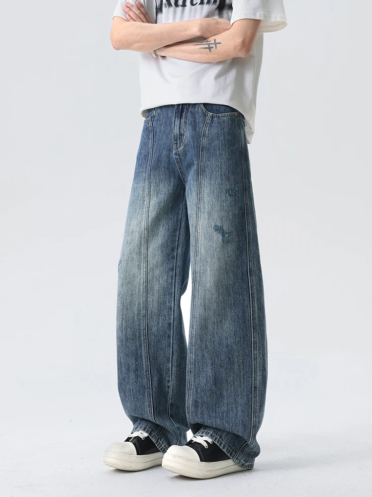 

Men Loose Jeans New Vintage Wide-leg Fashion Pants Casual Frayed Distressed Spliced ​​baggy Youth Denim Trousers